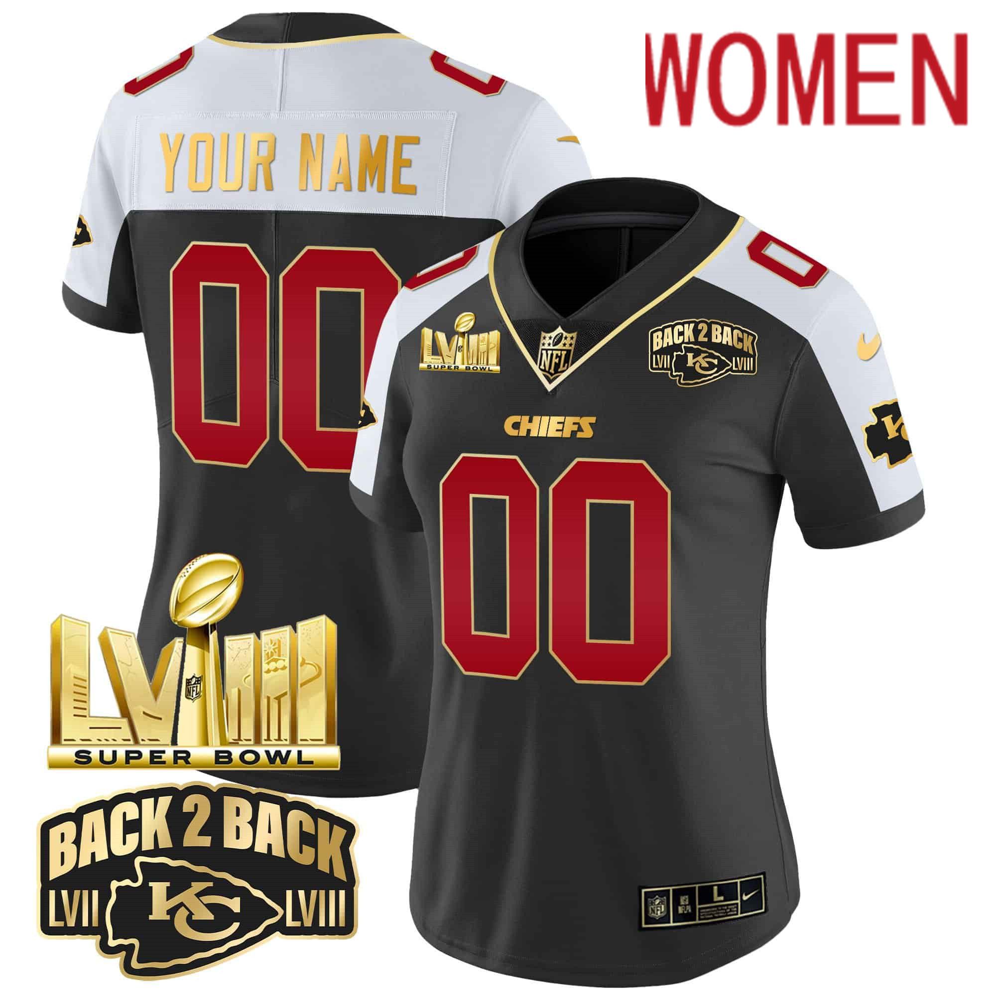Women Kansas City Chiefs Black 2024 Nike Super Bowl LVIII & Back 2 Back Gold Patch Vapor Custom NFL Jersey